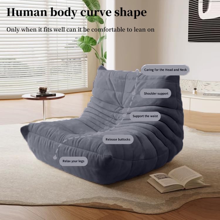 Bean Bag Chair - Memory Foam Bean Bag Chair for Adults, Comfy High-Resilience Single Sofa, Small Space Floor Chair, Chaise Lounge for Living Room, Bedroom (Dark Blue, Wrinkles)