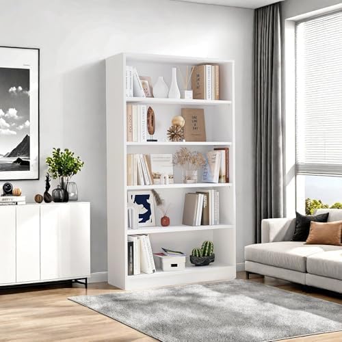 Bookshelf, 5 Wooden Book Shelf Bookcase with Freestanding Display Storage, Open Modern Bookshelf for Bedroom, Living Room, Dinning Room, Office, 60Inch, White
