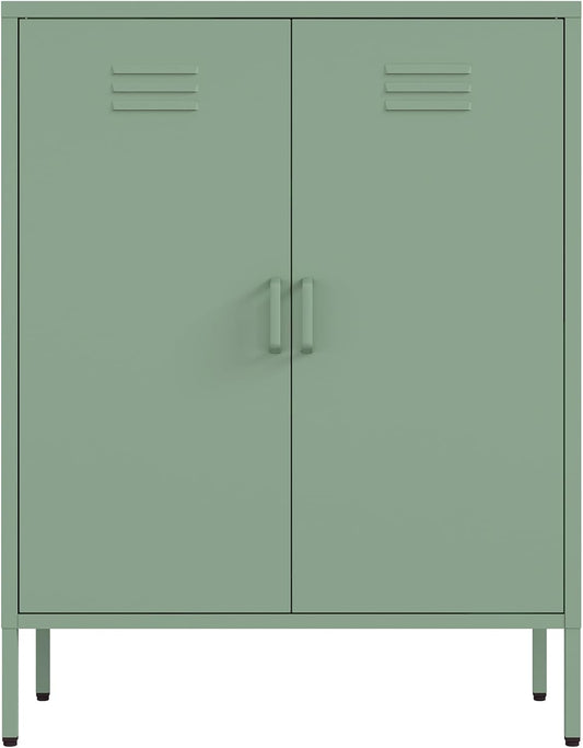 Manhattan Comfort Naomi Modern Metal Accent Cabinet, Minimalist Storage Cabinet with Doors & Adjustable Shelves, Vented Doors, Sturdy Steel Build, Versatile & Multi-Purpose Home Furniture, Green