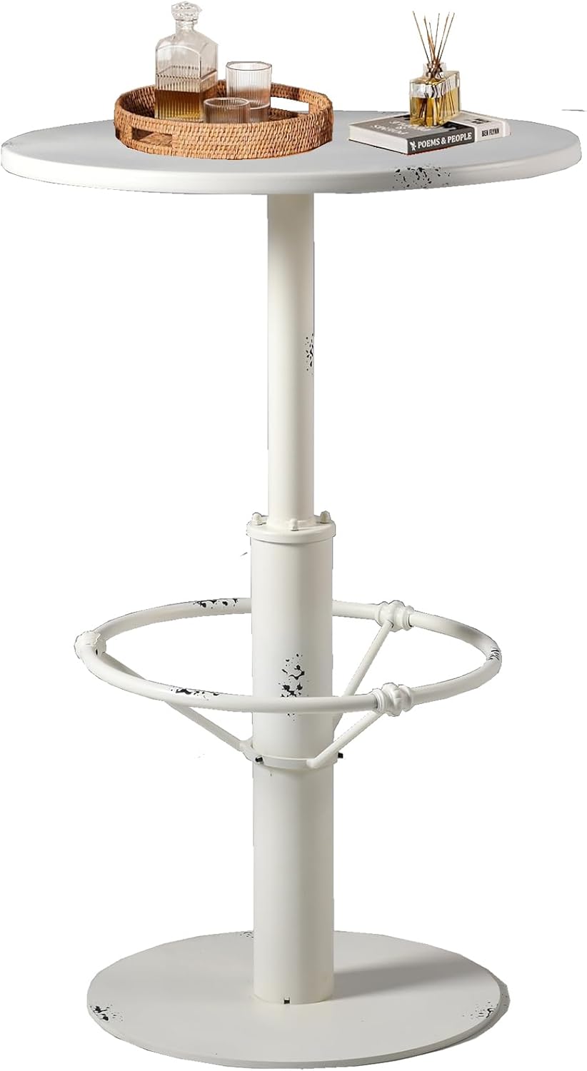 Diwhy Industrial Pub Table 23.6" Iron Round Desktop 37.4" Height Cast Iron Bar Table Antique White