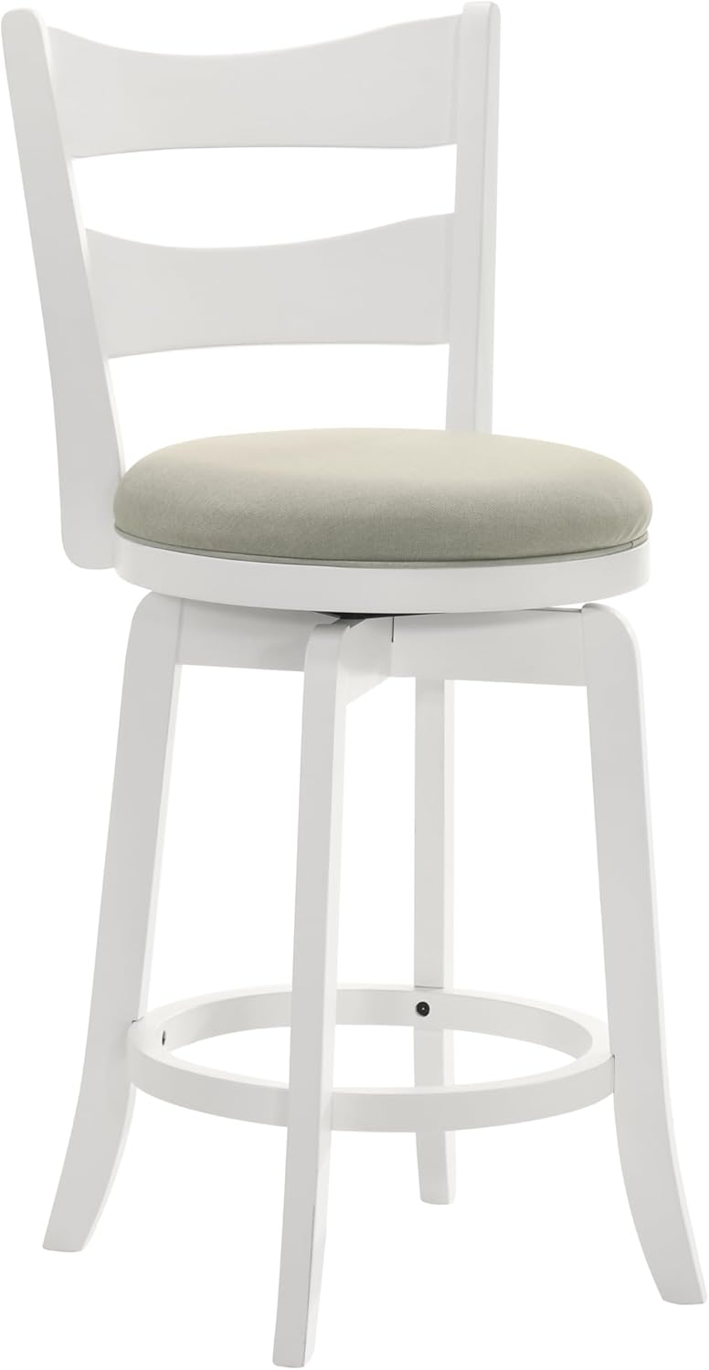 Armen Living Blair 26 in. Matte White Counter Height Rubberwood Swivel Barstool with Fog Fabric Seat - Set of 2
