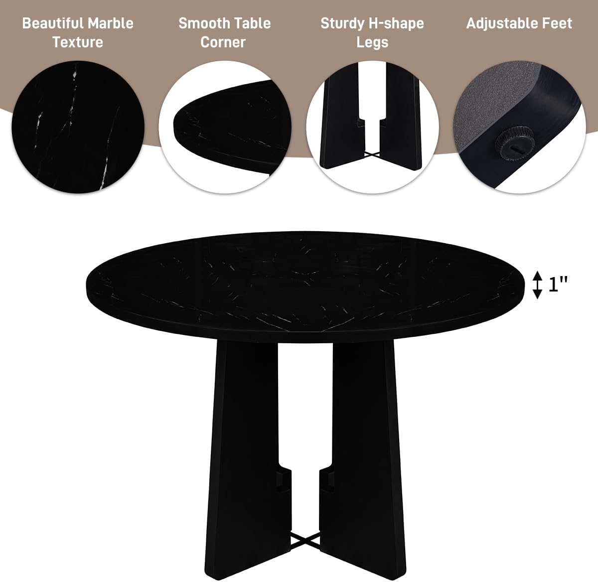 Ball & Cast Dining Table Set for 4,5-Piece Kitchen Table Set W/ 43" Round Faux Marble Bar Table,Living Room Furniture W/ 4 Linen Upholstered Chairs,for Dining Room,Kitchen,Restaurant,Grey+Black