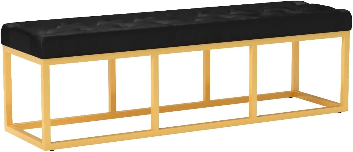 24KF Upholstered Tufted Long Bench with Golden Metal Leg, Black Velvet Bench with Padded Seat-Black