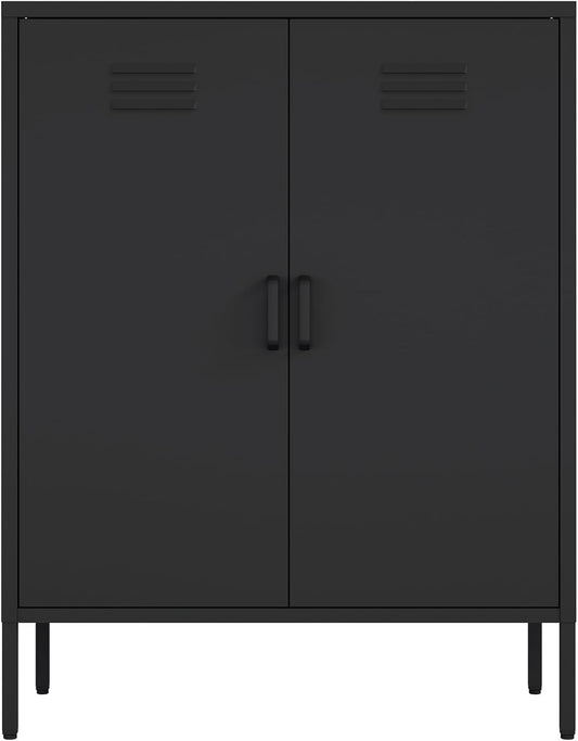 Manhattan Comfort Naomi Modern Metal Accent Cabinet, Minimalist Storage Cabinet with Doors & Adjustable Shelves, Vented Doors, Sturdy Steel Build, Versatile & Multi-Purpose Home Furniture, Black