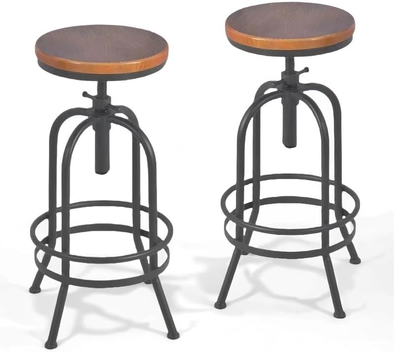Set of 2-Industrial Bar Stool-Retro 26-32.3inch Swivel Stools-Extra Tall Kitchen Chair-Bar Counter Height Adjustable-Fully Welded (Black 2PCS)