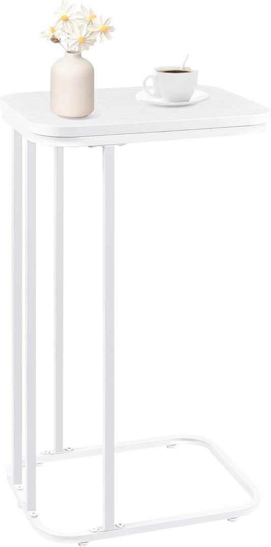 C Shaped End Table, 27 Inches High Small Side Table for Sofa and Bed, Couch Table That Slides Under, Tall Tv Tray Table for Living Room, Bedroom, Metal Frame, Snow White
