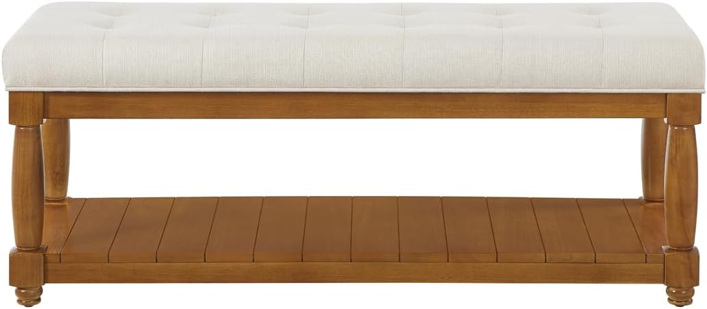 24KF Large Rectangular Upholstered Tufted Bed Bench, Linen Fabric Storage Ottoman Bench for Living Room, Padded Entryway Bench with Solid Wood Shelf,5098-Ivory
