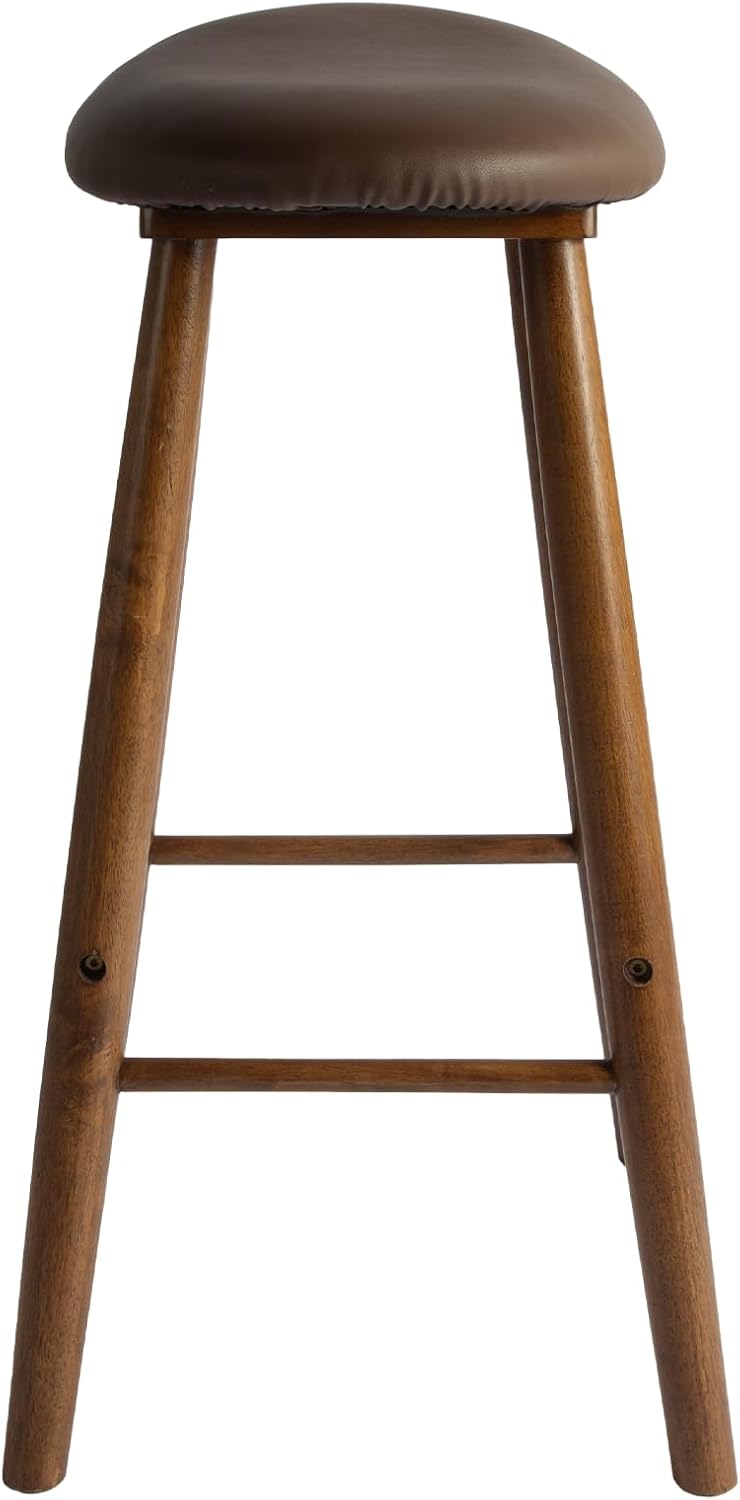 Nora 30" Upholstered Bar Stool, Backless Saddle Seat with Faux Leather Cushion, Solid Rubber Wood Frame in Brown Finish, Ideal for Kitchen Island or Home Bar Use