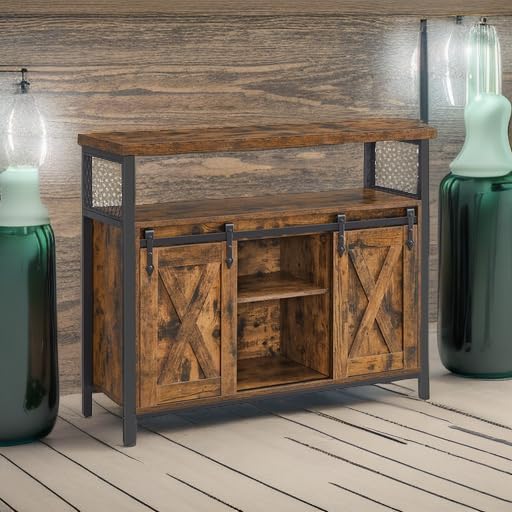 VASAGLE Buffet Cabinet, Coffee Bar Storage Cabinet, Sideboard with 2 Sliding Barn Doors, Adjustable Shelves, 13 x 39.4 x 31.5 Inches, for Living Room, Rustic Brown and Ink Black ULSC092B01
