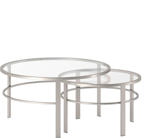 Henn&Hart Round Nested Coffee Table in Satin Nickel, Modern coffee tables for living room, studio apartment essentials, 36" Wide