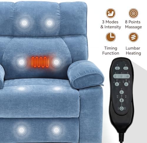 Dual Motor Power Lift Recliner Chair, 8 Positions Vibration Massage Recliner Chair, Chenille Fabric Recliner with Cup Holder, Vibration Massage and Lumbar Heating for Adults and Elderly, Blue