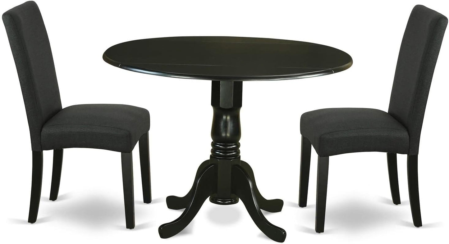 East West Furniture DLDR3-BLK-24 3 Piece Kitchen Table Set Contains a Round Dining Table with Dropleaf and 2 Black Color Linen Fabric Upholstered Chairs, 42x42 Inch, Black