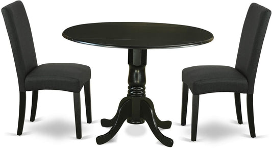 East West Furniture DLDR3-BLK-24 3 Piece Kitchen Table Set Contains a Round Dining Table with Dropleaf and 2 Black Color Linen Fabric Upholstered Chairs, 42x42 Inch, Black