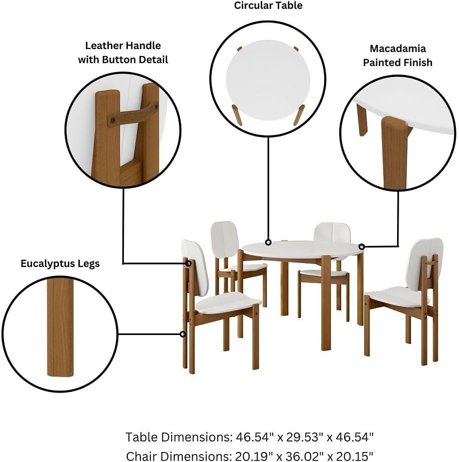 Manhattan Comfort Mid-Century Modern Gales Round 46.54 Dining Table with Solid Wood Legs in White - Set of 5