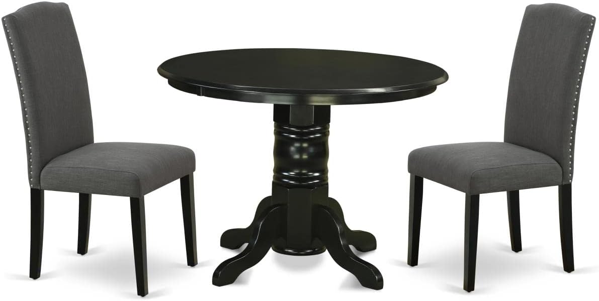 East West Furniture SHEN3-BLK-20 3 Piece Dining Room Set Contains a Round Kitchen Dining Table with Pedestal and 2 Dark Gotham Linen Fabric Upholstered Chairs, 42x42 Inch, Black