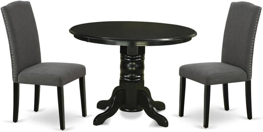 East West Furniture SHEN3-BLK-20 3 Piece Dining Room Set Contains a Round Kitchen Dining Table with Pedestal and 2 Dark Gotham Linen Fabric Upholstered Chairs, 42x42 Inch, Black