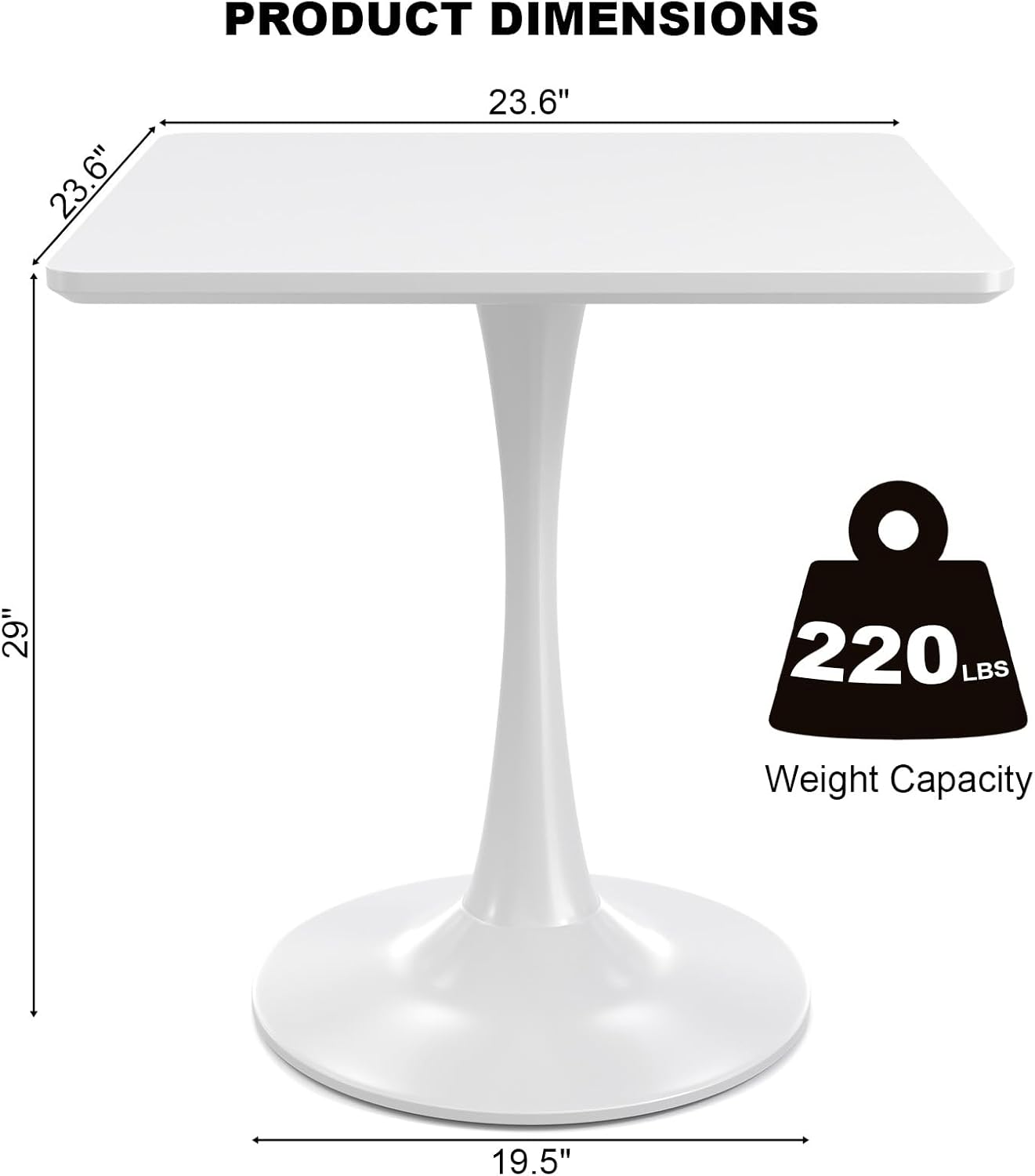 White Square Tulip Table for 2 Person, 24 Inch Small Dining Table with Metal Pedestal Base for Kitchen, Mid Century Modern Table with Round Corners for Living Room, Cafe, Office, Pub, Bar, Bistro