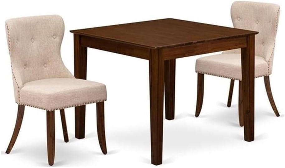 East West Furniture OXSI3-AWA-04 3 Piece Dining Set Includes a Square Dining Room Table and 2 Parson Kitchen Chairs, 36x36 Inch, Antique Walnut