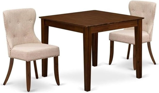 East West Furniture OXSI3-AWA-04 3 Piece Dining Set Includes a Square Dining Room Table and 2 Parson Kitchen Chairs, 36x36 Inch, Antique Walnut