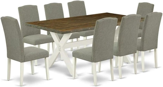 East West Furniture X077EN206-9 9 Piece Dining Set Includes a Rectangle Dining Room Table with X-Legs and 8 Dark Shitake Linen Fabric Upholstered Parson Chairs, 40x72 Inch, Multi-Color