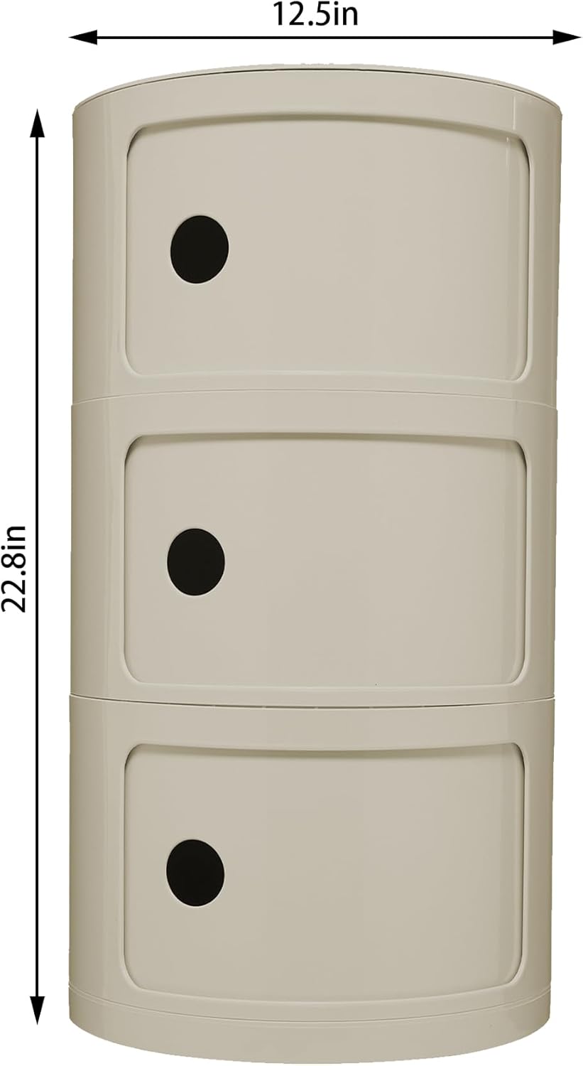 3 Tier Round with Storage, Modern Style Side Table, Multifunctional End Table Storage Cabinet for Living Room, Bedroom, Bathroom (Beige)