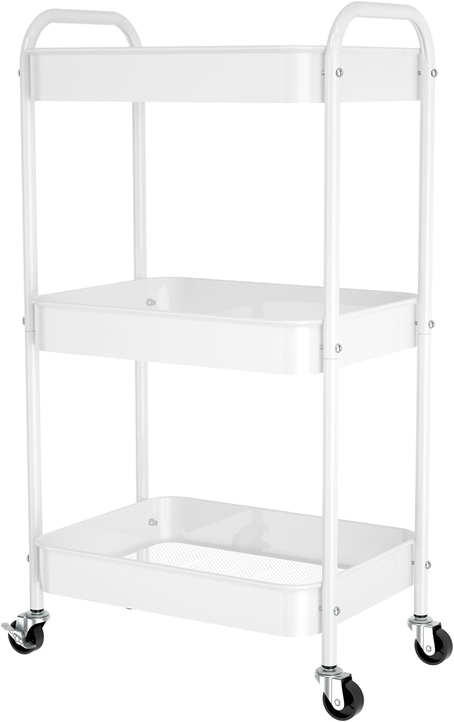 3-Tier Rolling Metal Storage Cart with Wheels, Multi-Functional Organizer for Office, Kitchen, Bathroom, Books Diapers - Easy Assembly (White)