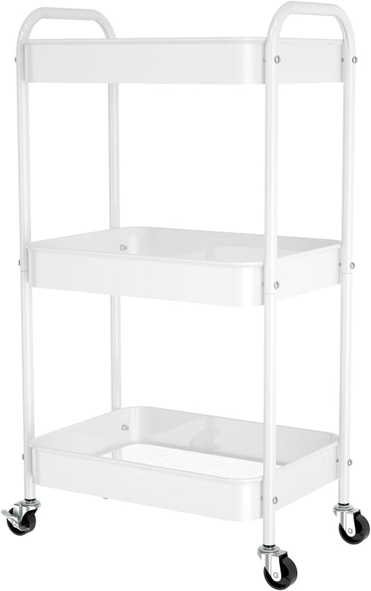3-Tier Rolling Metal Storage Cart with Wheels, Multi-Functional Organizer for Office, Kitchen, Bathroom, Books Diapers - Easy Assembly (White)