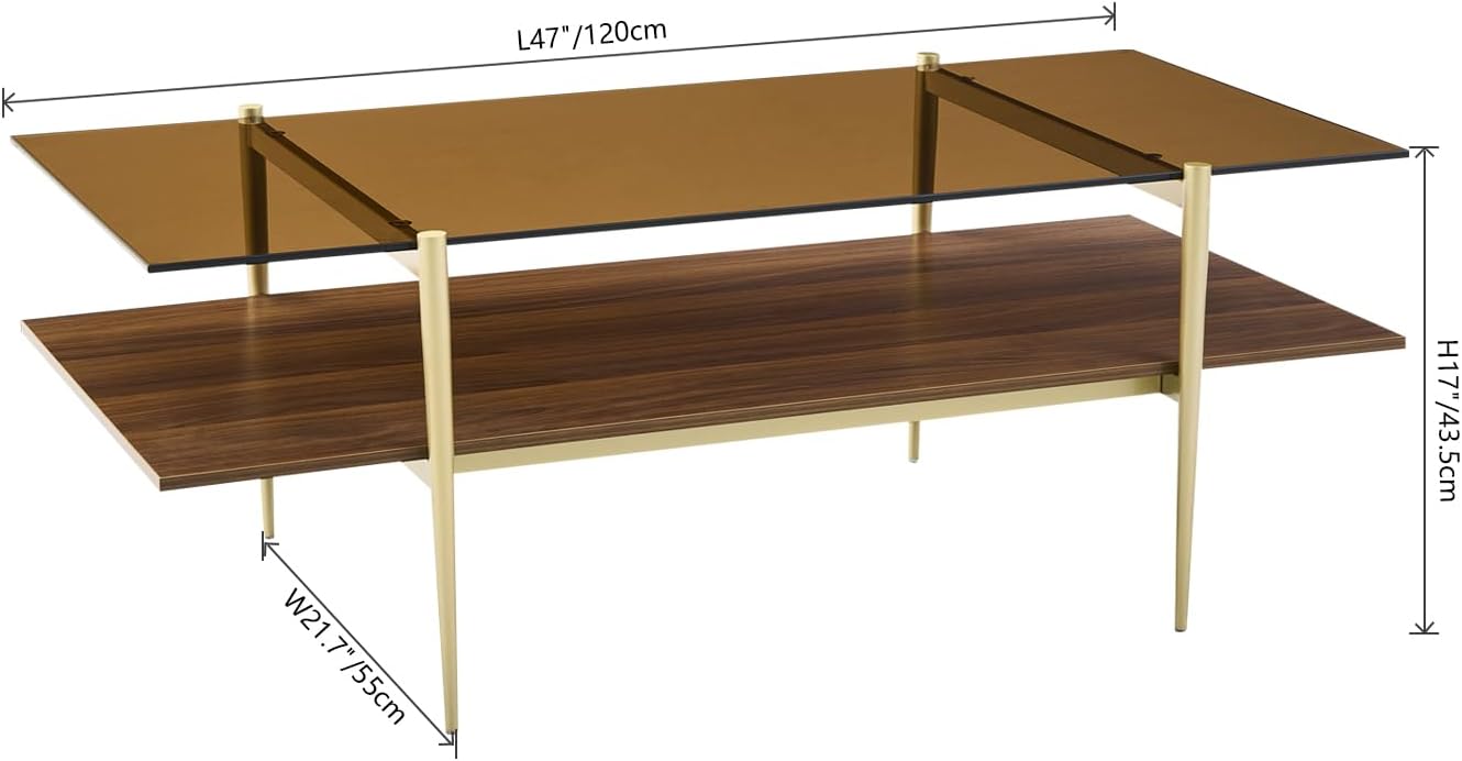 AGV LIGHTING Tadio Large Glass Coffee Table, Mid-Century Modern Coffee Table for Living Room, Gold Finish Leg, Coffee Brown Glass Top & Walnut Brown Shelf, 47 in