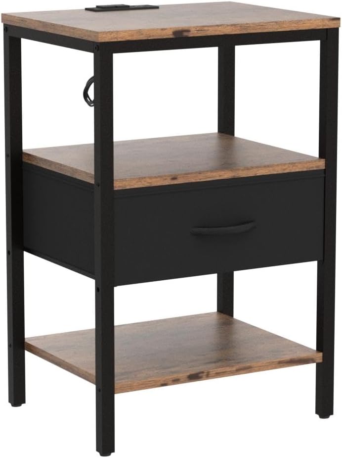 SUPERJARE Nightstand Set of 2, Bed Side Tables with Charging Station, Adjustable Fabric Drawer, Night Stand for Bedroom, 3-Tier Storage End Tables, for Living Room, Rustic Brown and Black