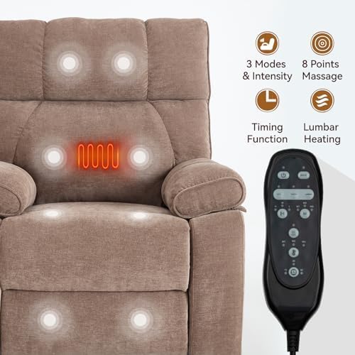 Dual Motor Power Lift Recliner Chair, 8 Positions Vibration Massage Recliner Chair, Chenille Fabric Recliner with Cup Holder, Vibration Massage and Lumbar Heating for Adults and Elderly, Brown