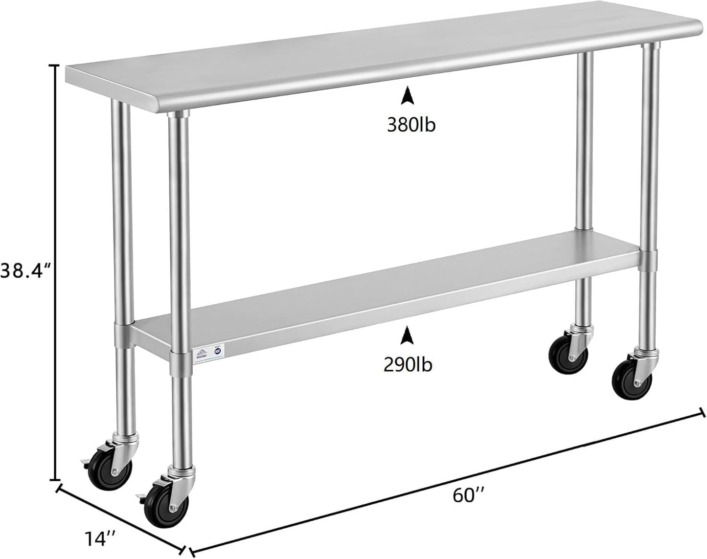 ROCKPOINT Stainless Steel Table for Prep & Work with Caster Wheels 14x60 Inches, NSF Metal Commercial Kitchen Heavy Duty Table with Adjustable Under Shelf and Table Foot for Restaurant, Home and Hotel