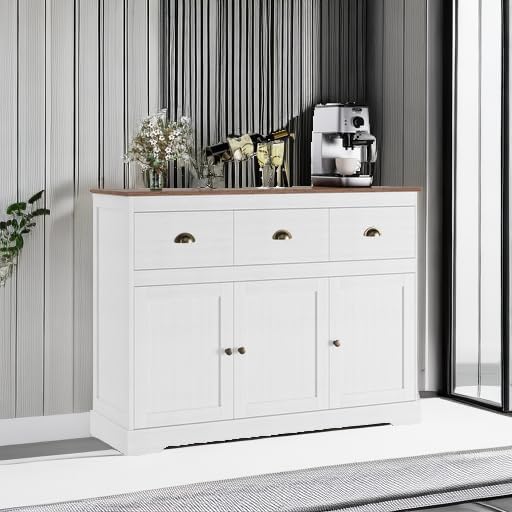 Keyluv Buffet Cabinet Storage Kitchen Sideboard Farmhouse Buffet Server Bar Wine Cabinet with 3 Drawers & 3 Doors Adjustable Shelves Console Table for Dining Living Room Cupboard, Antique White
