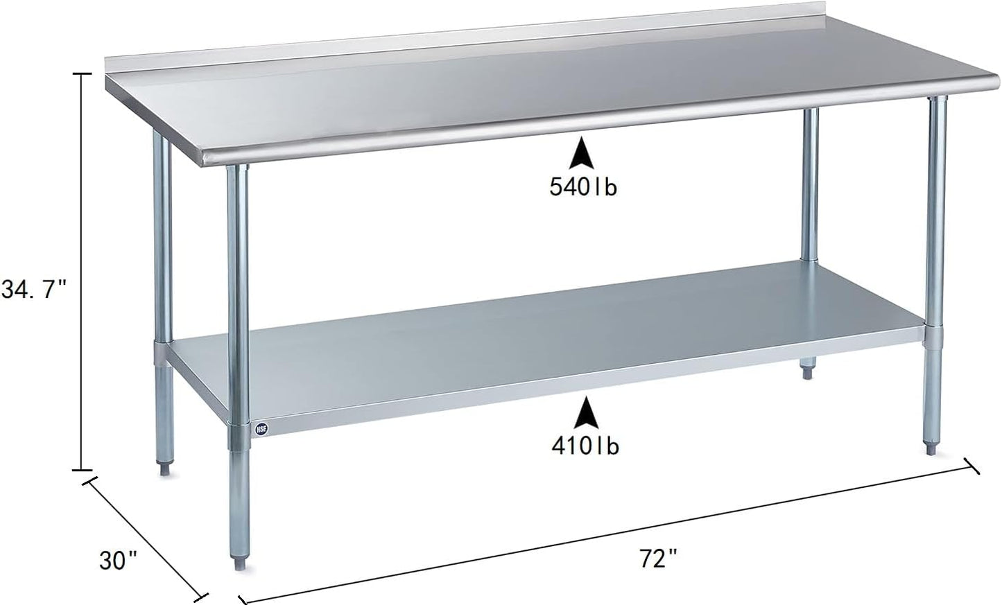 ROCKPOINT Stainless Steel Table for Prep & Work with Backsplash 30x72 Inches, NSF Metal Commercial Kitchen Heavy Duty Table with Adjustable Under Shelf and Table Foot for Restaurant, Home and Hotel
