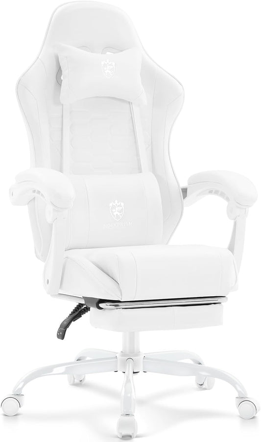 White Gaming Chair,Computer Office Chair with Footrest,Massage Lumbar Support and Gel Pad,Ergonomic Reclining Adjustable Leather Gamer Chair with Headrest and Spring Cushion White
