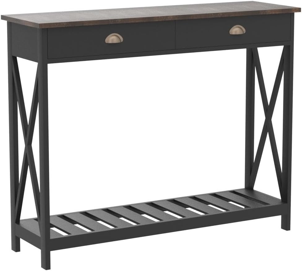 ChooChoo Farmhouse Console Table with Drawer for Entryway, Narrow Long Entry Table with Shelf for Living Room, Rustic Vintage Hallway Sofa Table with Stable X Supports, 40 Black
