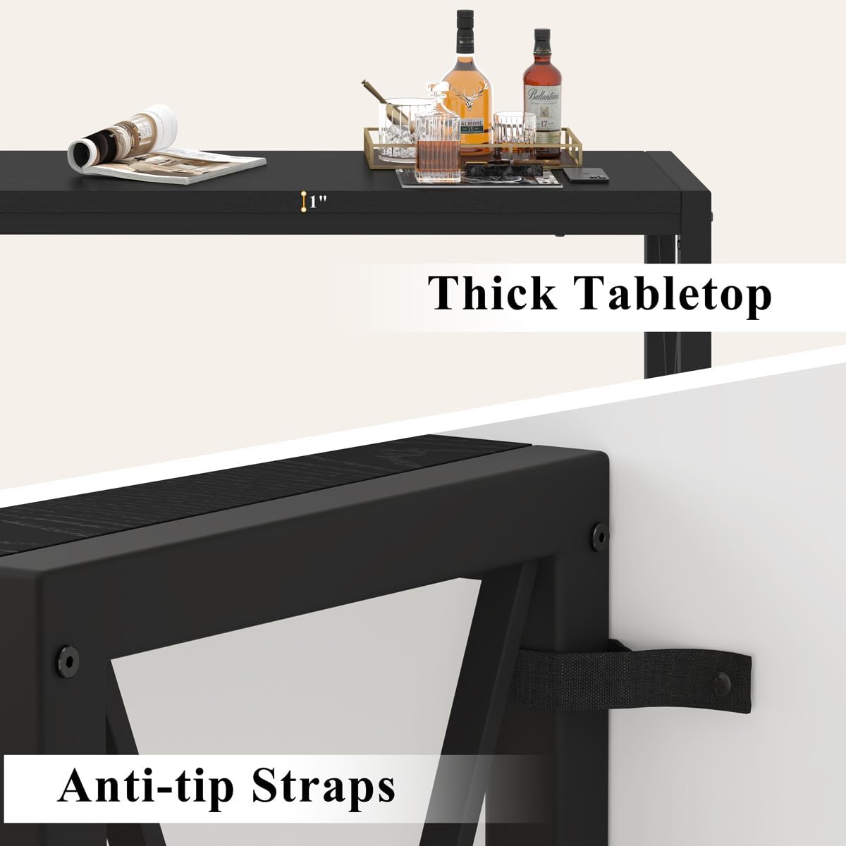 BON AUGURE Bar Table, 55 in Counter Height Pub Table, Tall Narrow Behind Couch Sofa Table, High Top Wood Long Console Tables for Home, Living Room (Black Oak)