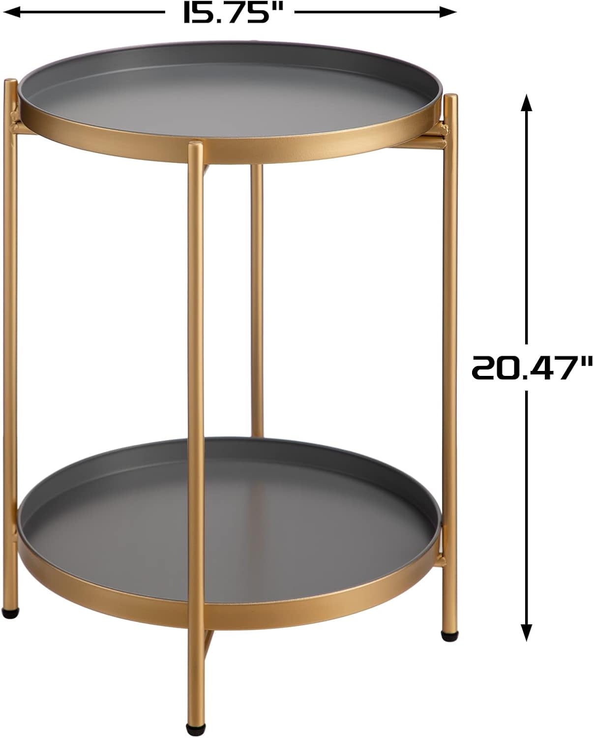 HollyHOME 2-Tier Round Gold Side Table, Outdoor Small Folding Accent Stand with Removable Tray, Anti-Rust Metal Asional Table for Balcony Patio Living Room, Nightstand for Bedroom(Gold&Grey)
