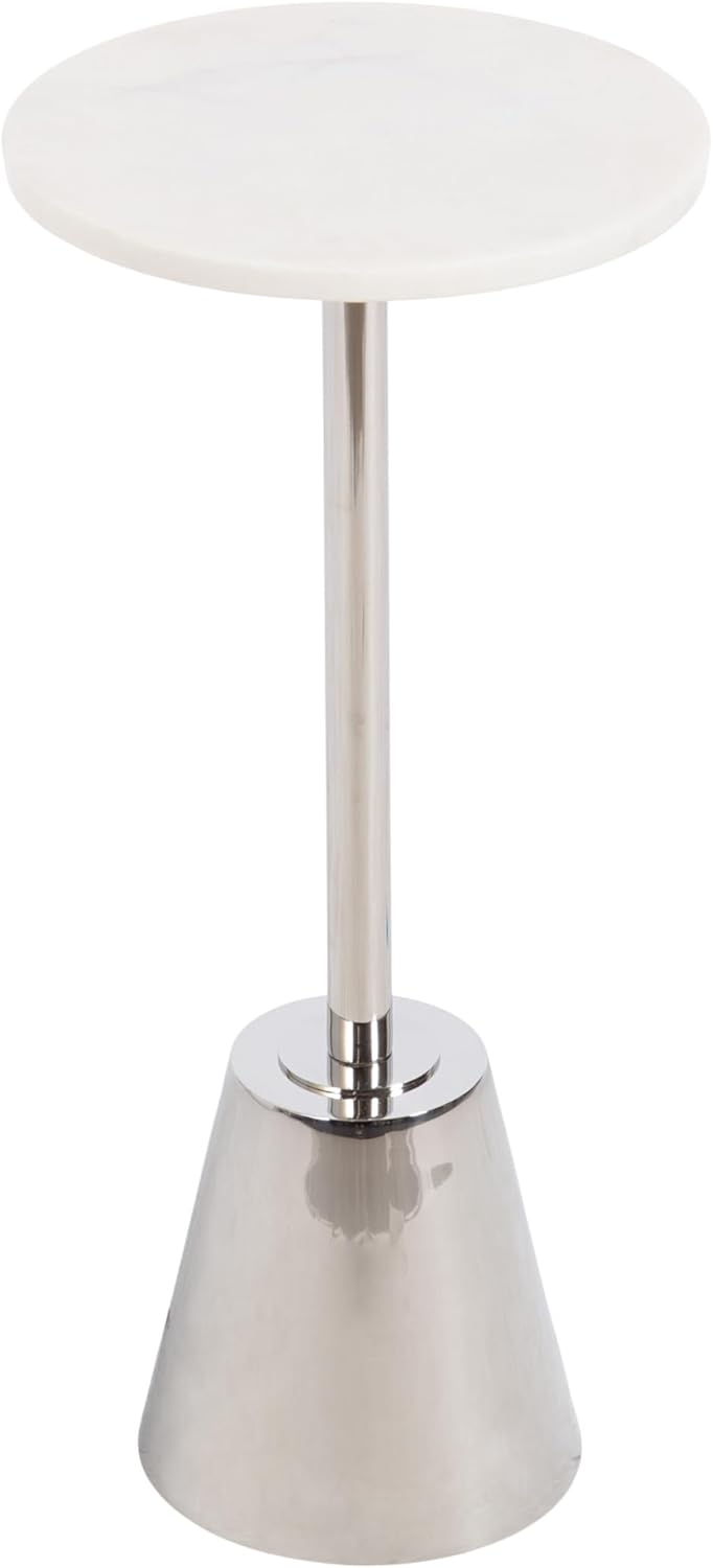 Kate and Laurel Tira Elegant Round Drink Table, 10 x 22, White Marble and Silver, Modern Glam Circle Martini Table for Use as a Small Bedroom Nightstand or Living Room Plant Stand Option