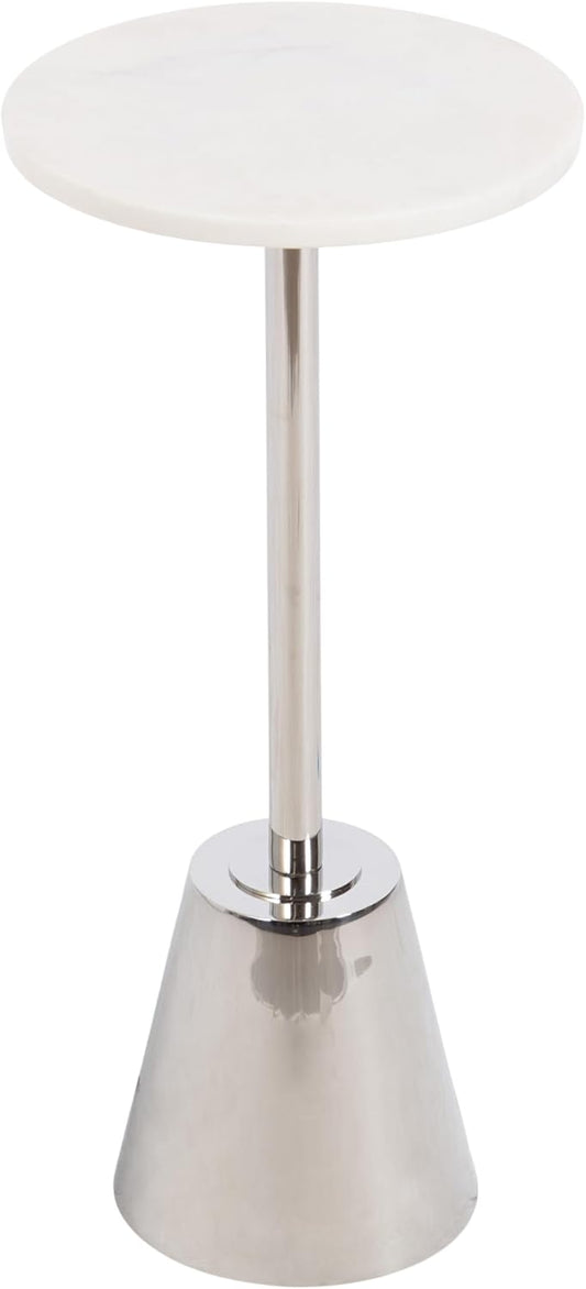 Kate and Laurel Tira Elegant Round Drink Table, 10 x 22, White Marble and Silver, Modern Glam Circle Martini Table for Use as a Small Bedroom Nightstand or Living Room Plant Stand Option
