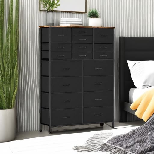Dresser for Bedroom with 18 Drawers, Tall Fabric Storage Dresser, Chest of Drawers for Closet, Nursery, Bedside, Living Room, Laundry, Entryway, Hallway (Black)