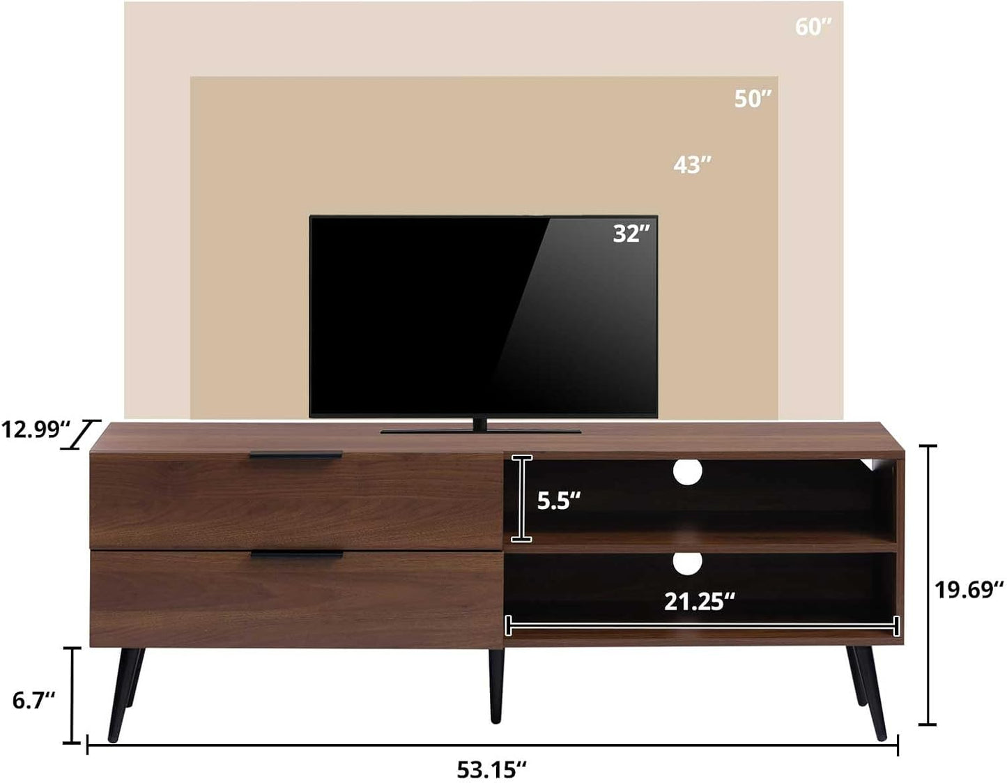 HollyHOME Wood TV Stand for TVs up to 65", Mid Century TV Stand with Storage, Modern Entertainment Center with 2 Drawers, Accent TV Media Console Table for Living Room, 53"(L), Retro Brown