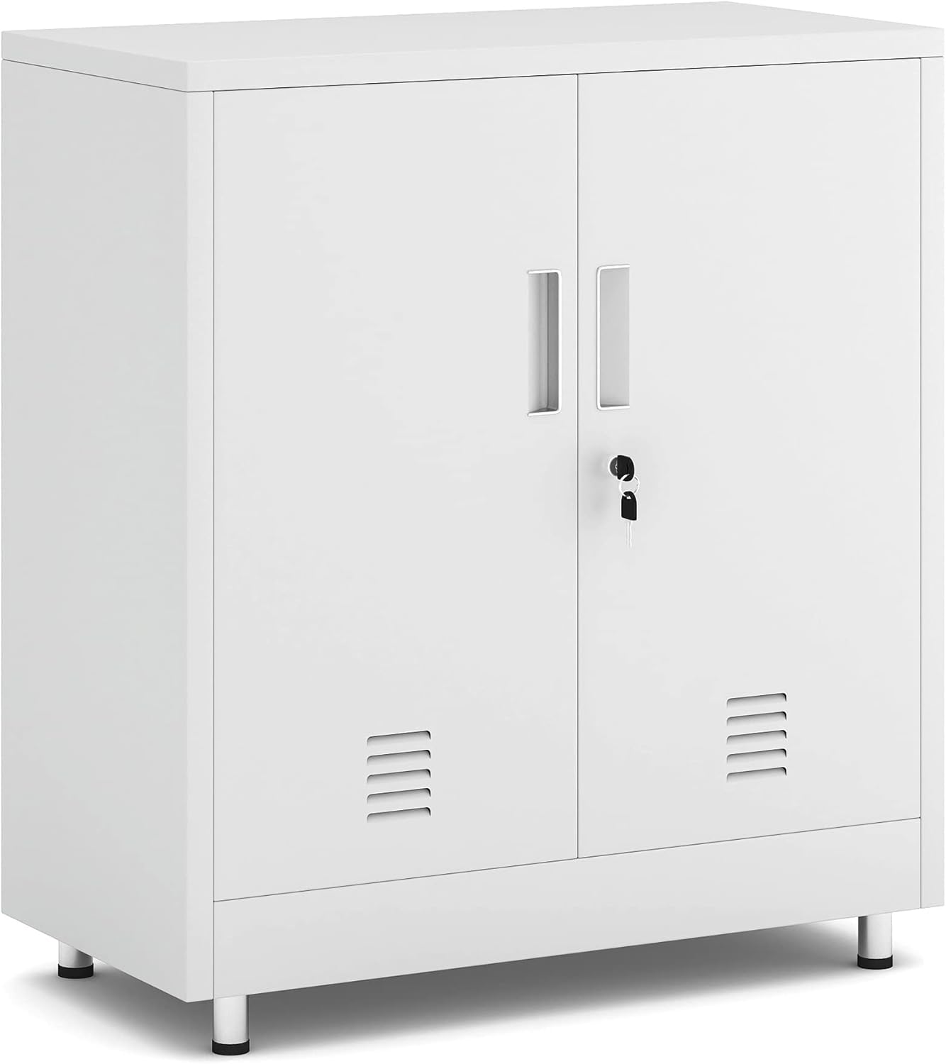 Metal Storage Cabinet with Locking Doors and Adjustable Shelf, Small Lockable Sideboard Buffet Cabinet for Home Office Hallway Entryway Living Dining Room (White)