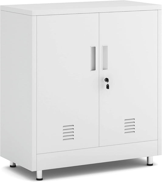 Metal Storage Cabinet with Locking Doors and Adjustable Shelf, Small Lockable Sideboard Buffet Cabinet for Home Office Hallway Entryway Living Dining Room (White)