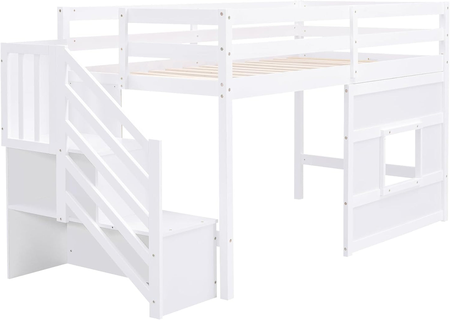 Twin Size Loft Bed with Storage Staircase and Window,Wood Twin Loft Bunk Bedframe with Full-Length Guardrail and Sturdy Slat Support, No Noise,No Box Spring Needed,for Kids,Boys,Girls,White