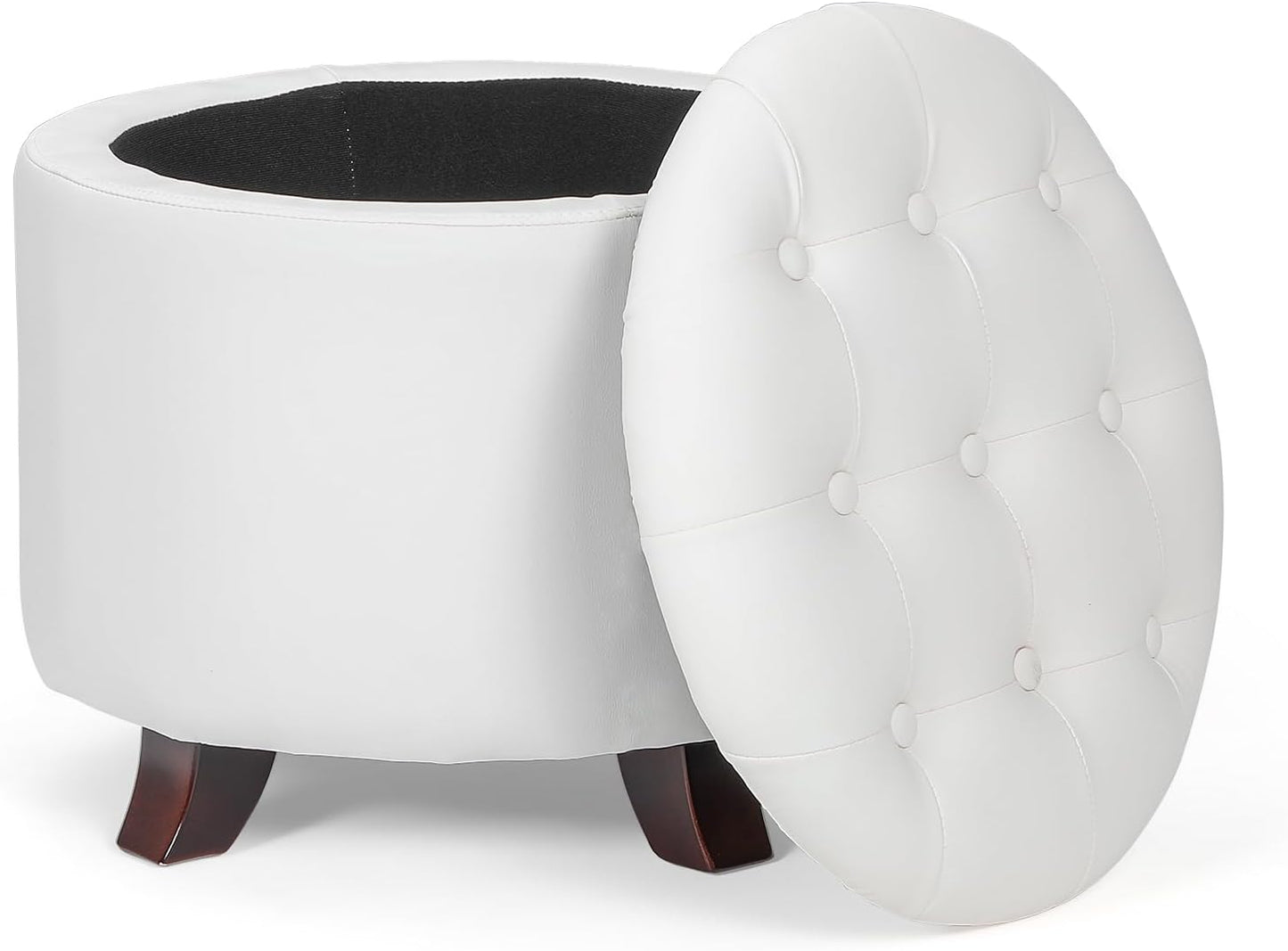 Athena Collection 20 Inch Small Ottoman with Storage, Round PU Leather Storage Ottoman with Removable Lid, Stylish Footstool Foot Rest for Living Room, Bedroom, Dorm, White