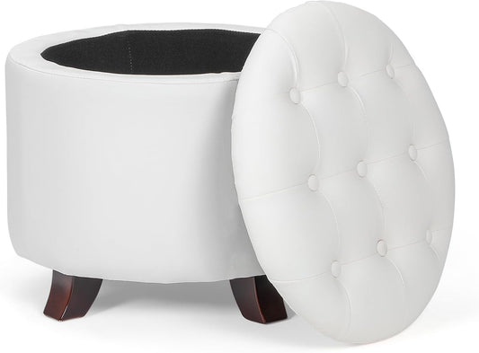 Athena Collection 20 Inch Small Ottoman with Storage, Round PU Leather Storage Ottoman with Removable Lid, Stylish Footstool Foot Rest for Living Room, Bedroom, Dorm, White
