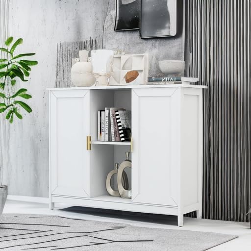TaoHFE White Buffet Cabinet with Storage,Wooden Narrow Sideboard Entryway Cabinets,Modern White Cabinet with Doors Credenza