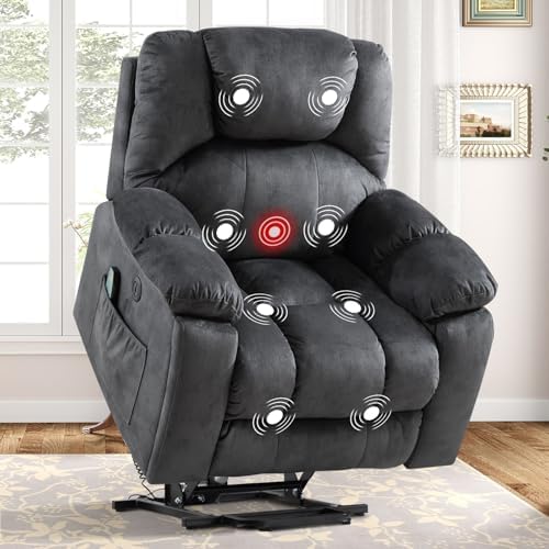 Phoenix Home Large Power Lift Recliner with Massage and Heat for Elderly, Electric Chair with USB Port, 2 Hidden Cup Holders, Dark Grey
