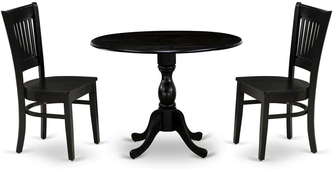 East West Furniture DMVA3-BLK-W 3 Piece Dinette Set for Small Spaces Contains a Round Dining Table with Dropleaf and 2 Dining Chairs, 42x42 Inch, Black