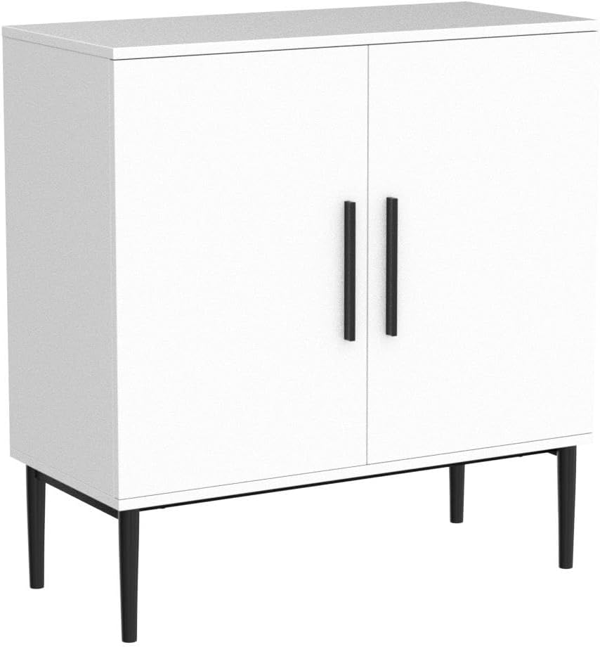 KFO Storage Cabinet with Doors, White Accent Cabinet, Modern Free Standing Cabinet, Sideboard with Metal Base for Bedroom, Living Room, Kitchen and Office